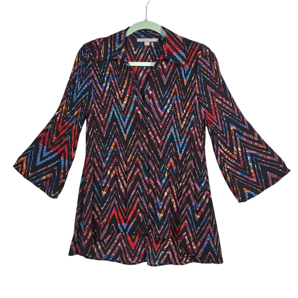 Valerie Stevens Button Up Blouse Womens S Pleated Chevron Zigzag 3/4 Bell Sleeve